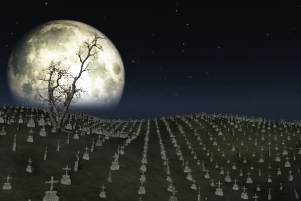 Friedhof mit Vollmond hinter Boden Nebel und Baum fließt im wind — Stockvideo