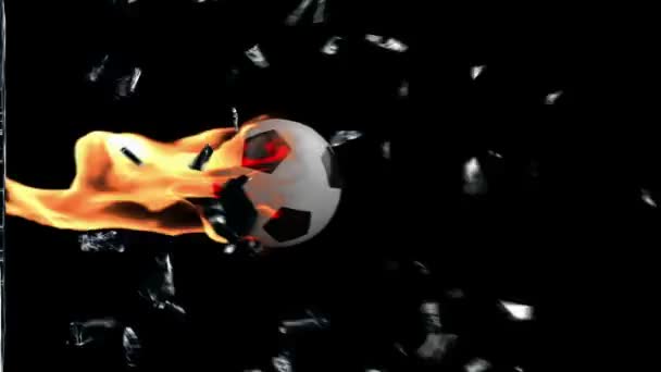 Футбольный мяч в огне, разбития стекла с альфа-каналом — стоковое видео