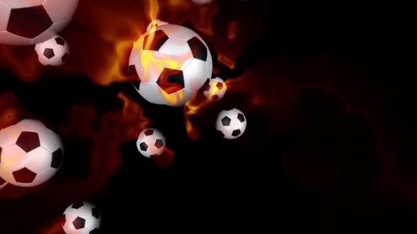 Soccer balls on fire against black — Stock Video
