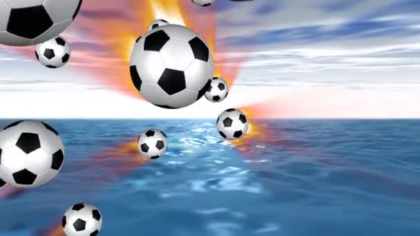 Palloni da calcio su fuoco volano verso lo schermo — Video Stock