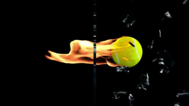 Tennis-Ball on fire breaking glass with Alpha — Stock Video