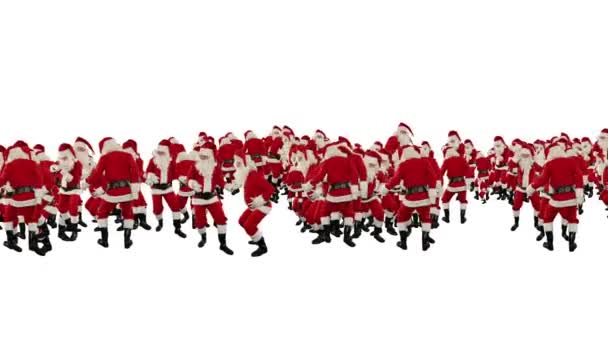 Santa claus tłum taniec, Boże Narodzenie strony Wesołych kształt Bożego Narodzenia, przeciwko biały — Wideo stockowe