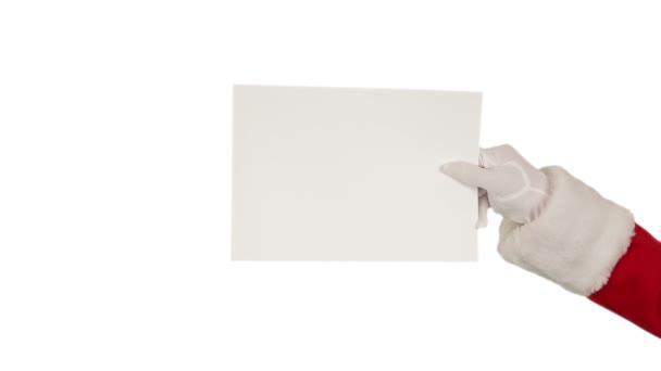 Santa claus présentant une feuille blanche puis envoie un baiser et dire au revoir, blanc