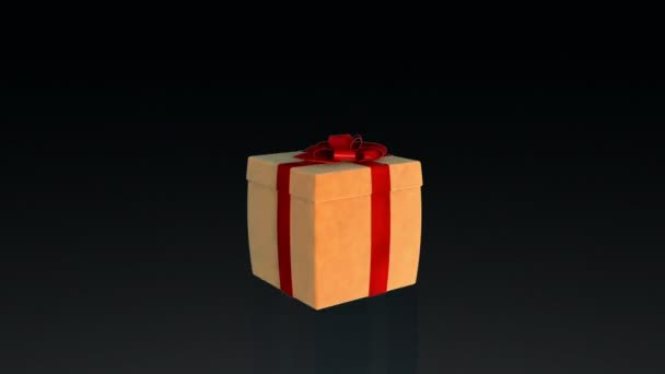 Подарункова коробка відкриває кришку, щоб представити віртуальний продукт з блискітками — стокове відео