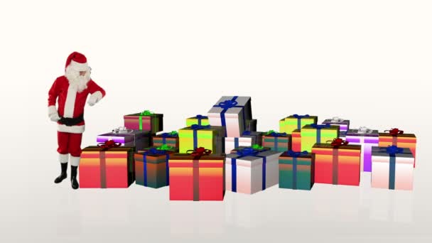 Santa Claus magically piling up gift boxes, against white — Stock Video