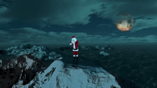 Santa Claus keres a rénszarvasok hegy tetején — Stock videók