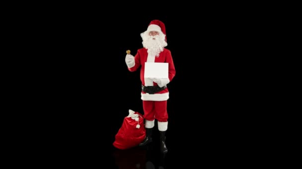 Santa Claus Presenting a White Sheet then sending a Kiss and saying Bye Bye, black — Vídeo de stock