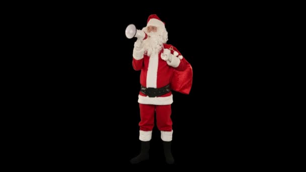 Jultomten med en högtalare att göra ett tillkännagivande, framifrån, mot svart — Stockvideo