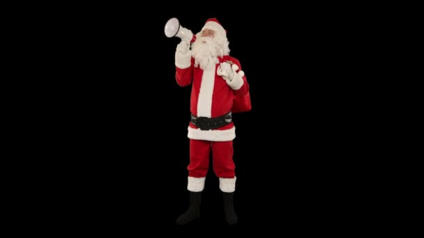 Санта-Клауса з гучномовцем прийнятті оголошень, проти чорний — стокове відео