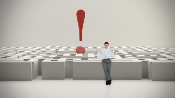 Businessman with Map trying to find his way in a Maze with Exclamation Sign