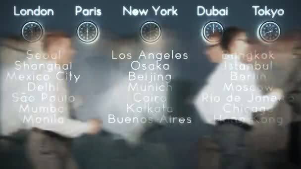 Zakenlieden spitsuur met wereld klokken en grote steden op achtergrond, lus — Stockvideo