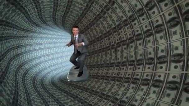 Uomo d'affari navigando all'interno di un tubo fatto di noi dollari — Video Stock