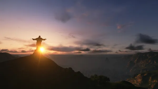 Cristo Redemeerat Puesta del sol, Río de Janeiro, Brasil, 3D render — Foto de Stock