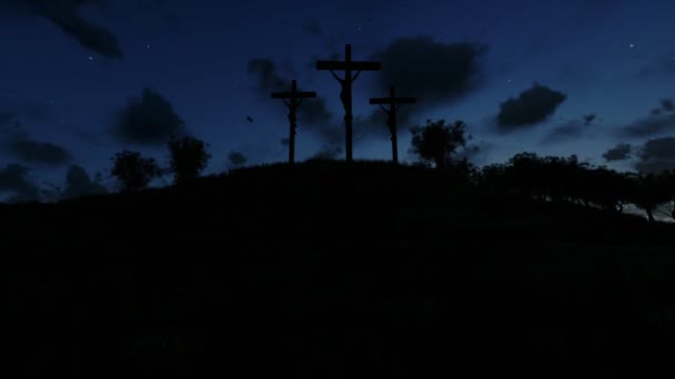クロスは、オリーブ、牧草地にイエス ・ キリスト日、傾斜のタイムラプス夜 — ストック動画