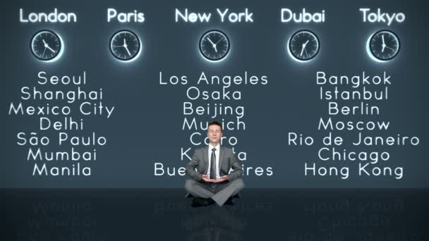 Podnikatel meditaci s světové hodiny a velkých městech na pozadí v temné místnosti — Stock video