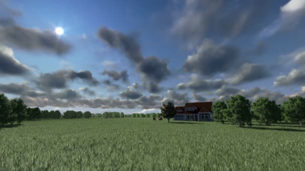 Dom na zielonej łące i konie, chmury timelapse — Wideo stockowe