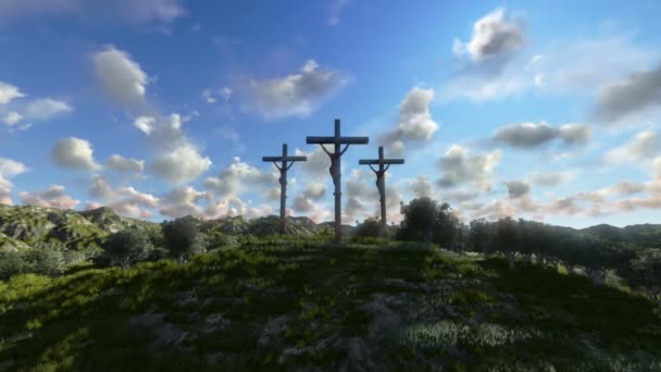 Jezus op cross, weiland met olijven en tijd vervallen wolken — Stockvideo