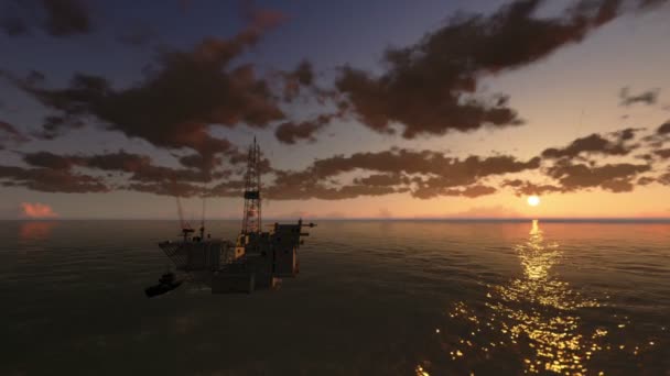 plate-forme pétrolière en mer, nuages de laps de temps au coucher du soleil