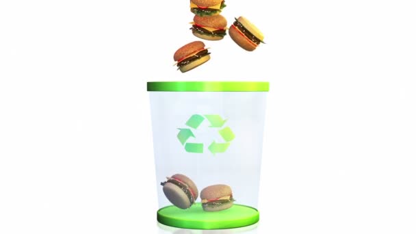 Cheeseburgers caindo em uma lata de lixo contra o branco, o conceito de dieta — Vídeo de Stock