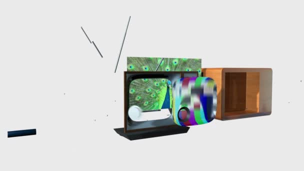 Antiga tv transformando em uma tv nova contra câmera estática, branca, tela apenas alfa — Vídeo de Stock