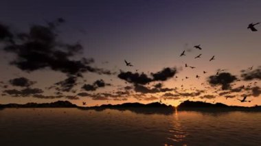 uçan ördek, deniz ve dağ ridge ile timelapse sunrise