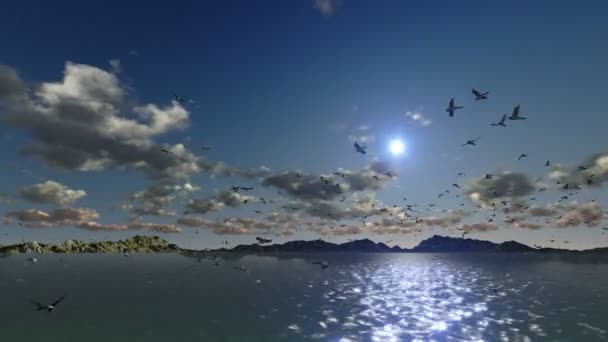 Eenden vliegen, timelapse zonsondergang met zee en de bergen ridge — Stockvideo
