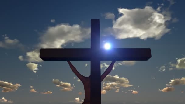 Jesus am Kreuz, Nahaufnahme, Zeitraffer Sonnenuntergang, Tag zu Nacht — Stockvideo