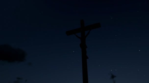 Jesus på cross, kameran flyger, timelapse sunrise, natt till dag — Stockvideo