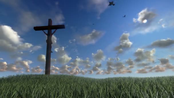 Jesus på cross, äng och timelapse moln — Stockvideo