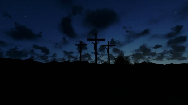 Jesus na Cruz, Prado com azeitonas, timelapse noite ao nascer do sol para o dia — Vídeo de Stock