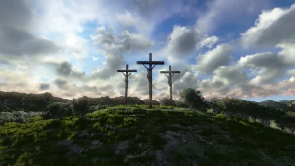 Jesus am Kreuz, Wiese mit Oliven, Zeitraffer Sonnenuntergang — Stockvideo