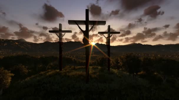 Jezus op cross, weide met olijven, tijd vervallen zonsopgang, pannen — Stockvideo