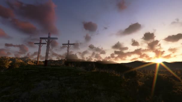 Jésus sur Croix, pré avec olives, timelapse sunrise