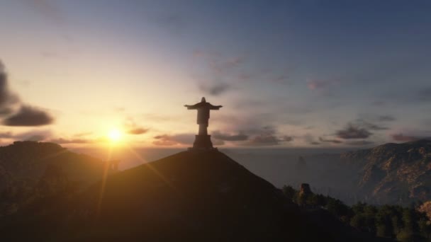 Христос redemeer на закате, Рио-де-Жанейро, панорамирование камеры — стоковое видео