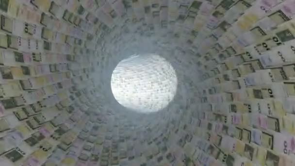 Varias monedas del túnel, volar a través de la luz de la floración, alfa — Vídeos de Stock