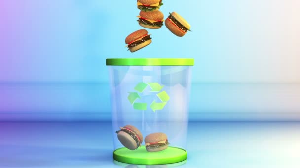 Cheeseburgers falling in a Garbage Bin, Dieting Concept — Stock Video