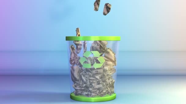 Arrugado dólares cayendo en un cubo de basura — Vídeos de Stock