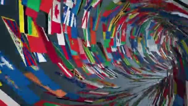Mundial bandeiras túnel sobrevôo, bloom — Vídeo de Stock