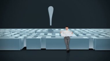 ünlem işareti, karanlık bir odada bir labirentte yolunu bulmaya çalışan harita ile işadamı