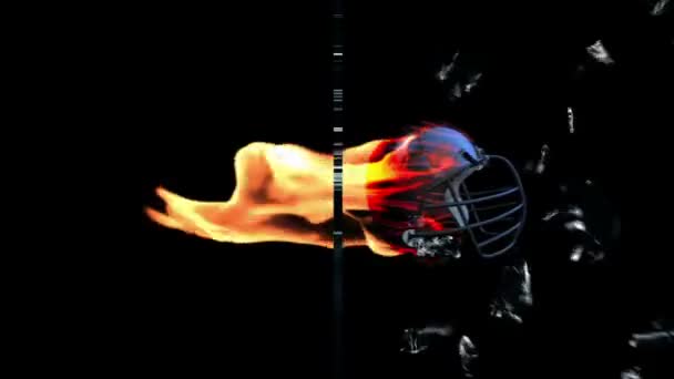 Casco de fútbol americano en fuego rompiendo el vidrio, vista lateral — Vídeo de stock