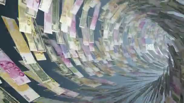 Varias monedas túnel volar a través, de la floración — Vídeos de Stock