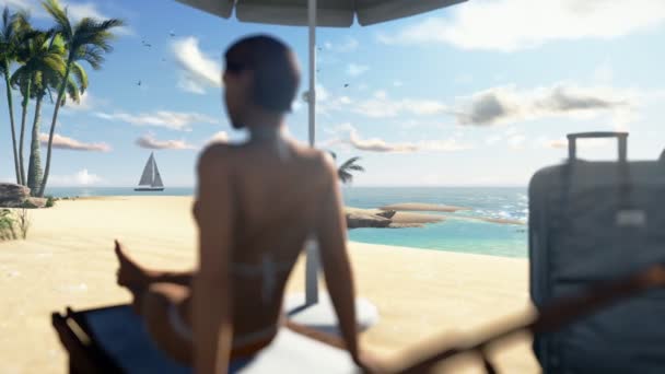 femme sur la plage avec les valises et voile yacht, appareil photo panoramique