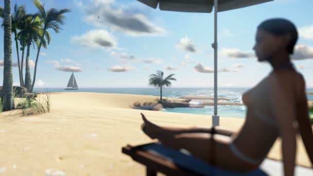 femme sur la plage avec les valises et voile yacht, appareil photo panoramique