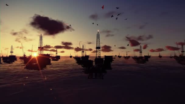 Okyanusu, günbatımı, helikopter görünümü zaman sukut bulutlara petrol sondaj platformu — Stok video