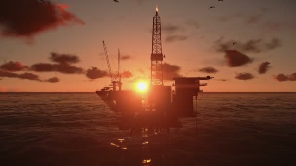 plate-forme pétrolière en mer, nuages de laps de temps au soleil couchant, vue d'hélicoptère