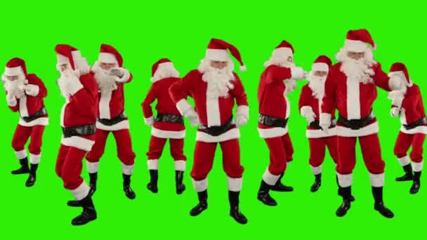 Bunch of Santa Claus Dancing Against Black, Christmas Holiday Background — Stock Video