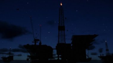 Okyanusu, zaman atlamalı sunrise gece gün siluet için petrol kuyuları