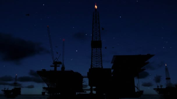 Εξέδρες άντλησης πετρελαίου στον ωκεανό, χρονική sunrise νύχτα να ημέρα σιλουέτα — Αρχείο Βίντεο