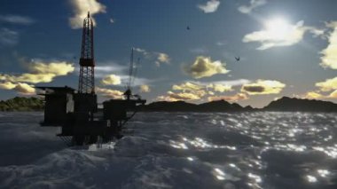 Petrol rig okyanus ve uçan timelapse bulutlar martılar