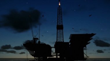 Okyanusu günbatımı üzerinde petrol sondaj platformu